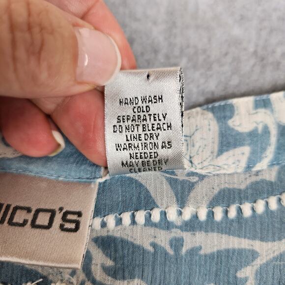 Chico's Blouse Womens Size 1 US M/8 Blue White Silk Embroidery Trim Sheer - Picture 8 of 11